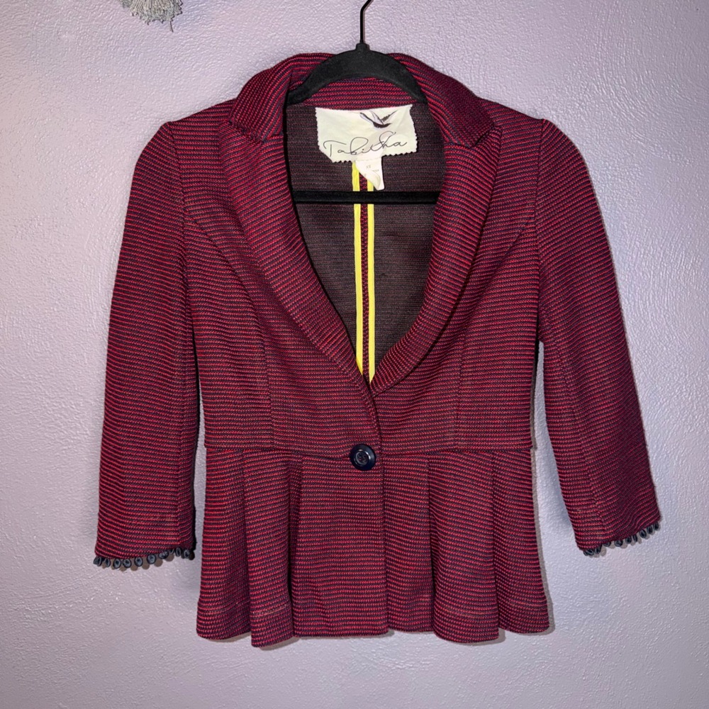 Tabitha Anthropologie Red Striped Peplum Blazer Jacket Fitted 3/4 Sleeve Sz XS